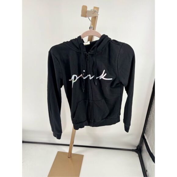 Victoria’s Secret PINK Womens XS Black White Script Logo Soft Hoody Sweat Shirt - Picture 5 of 10
